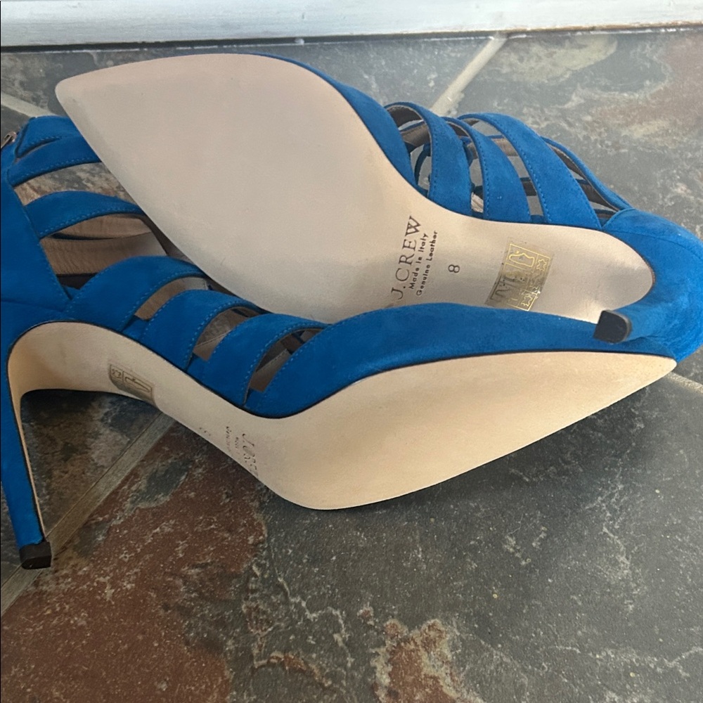 J. Crew Vibrant Blue Suede Lace Up Cage Strappy Heels - Picture 3 of 8